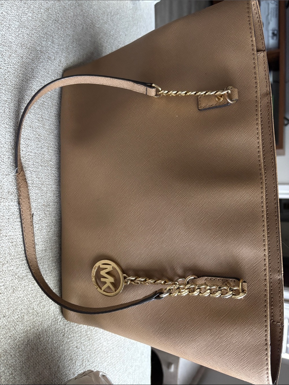 Michael Kors Brown Leather Tote with Gold Chain Detail